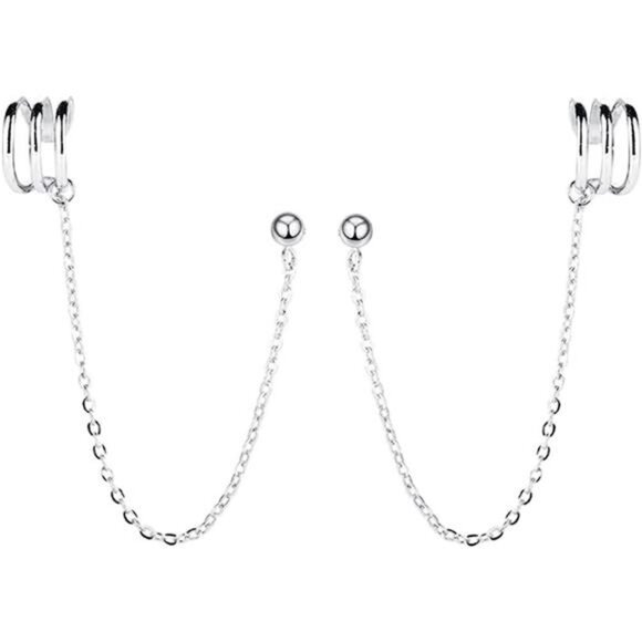925 Sterling Silver Cuff Earrings Chain for Women Crawler Earrings Studs - Picture 1 of 7